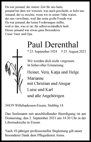 Traueranzeige von Paul Derenthal von Westfalen-Blatt