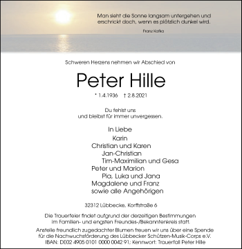 Traueranzeige von Peter Hille von Westfalen-Blatt