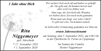 Traueranzeige von Rita Niggemeyer von Westfalen-Blatt