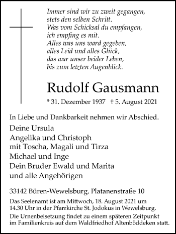 Traueranzeige von Rudolf Gausmann von Westfalen-Blatt