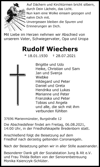 Traueranzeige von Rudolf Wiechers von Westfalen-Blatt