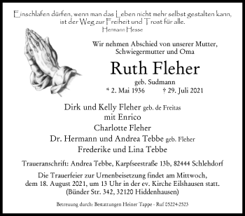 Traueranzeige von Ruth Fleher von Westfalen-Blatt