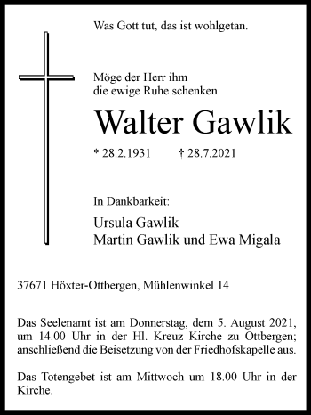 Traueranzeige von Walter Gawlik von Westfalen-Blatt