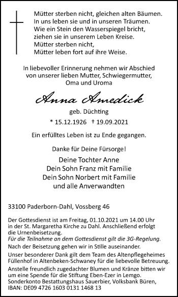 Traueranzeige von Anna Amedick von Westfalen-Blatt