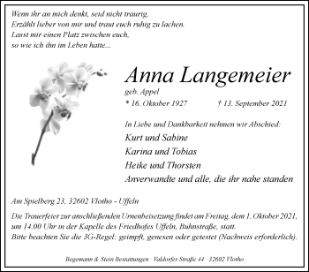 Traueranzeige von Anna Langemeier von Westfalen-Blatt