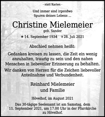 Traueranzeige von Christine Mielemeier von Westfalen-Blatt