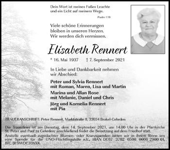 Traueranzeige von Elisabeth Rennert von Westfalen-Blatt