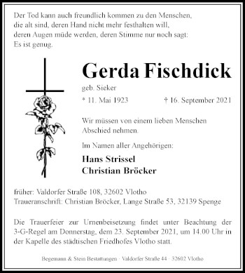 Traueranzeige von Gerda Fischdick von Westfalen-Blatt