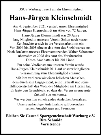 Traueranzeige von Hans-Jürgen Kleinschmidt von Westfalen-Blatt