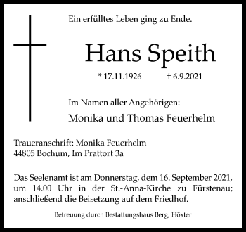 Traueranzeige von Hans Speith von Westfalen-Blatt