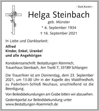 Traueranzeige von Helga Steinbach von Westfalen-Blatt