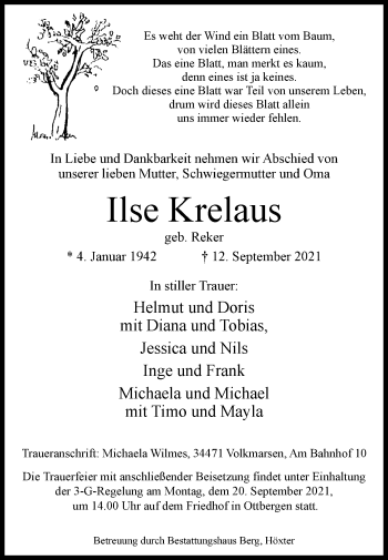 Traueranzeige von Ilse Krelaus von Westfalen-Blatt