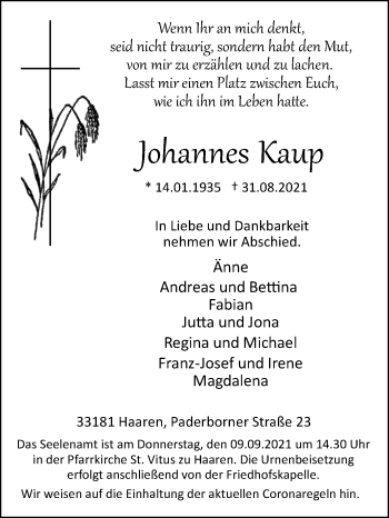 Traueranzeige von Johannes Kaup von Westfalen-Blatt