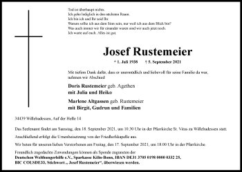 Traueranzeige von Josef Rustemeier von Westfalen-Blatt