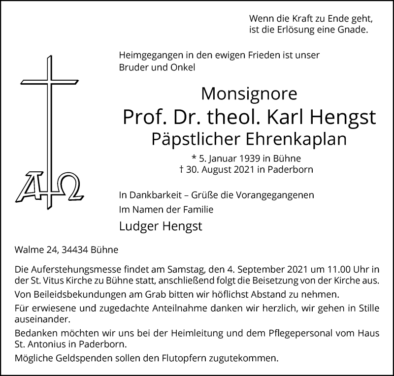  Traueranzeige für Karl Hengst vom 01.09.2021 aus Westfalen-Blatt