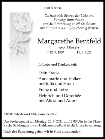 Traueranzeige von Margarethe Bentfeld von Westfalen-Blatt