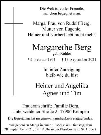 Traueranzeige von Margarethe Berg von Westfalen-Blatt