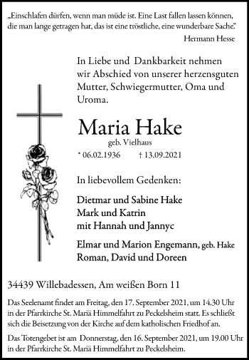 Traueranzeige von Maria Hake von Westfalen-Blatt