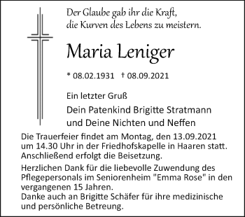 Traueranzeige von Maria Leniger von Westfalen-Blatt