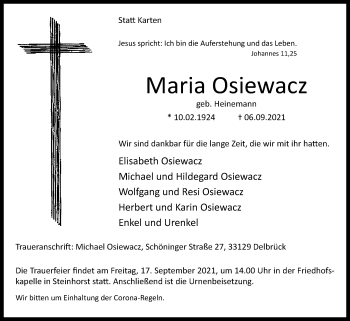 Traueranzeige von Maria Osiewacz von Westfalen-Blatt