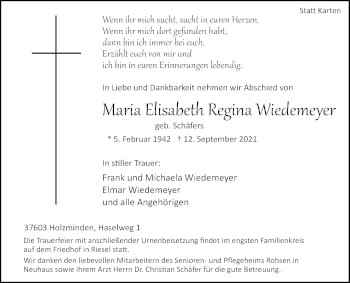 Traueranzeige von Maria Elisabeth Regina Wiedemeyer von Westfalen-Blatt