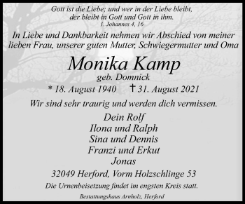 Traueranzeige von Monika Kamp von Westfalen-Blatt