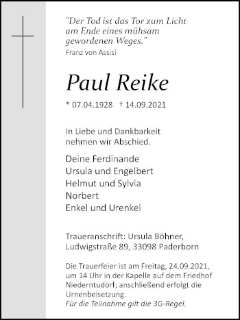 Traueranzeige von Paul Reike von Westfalen-Blatt