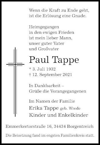 Traueranzeige von Paul Tappe von Westfalen-Blatt