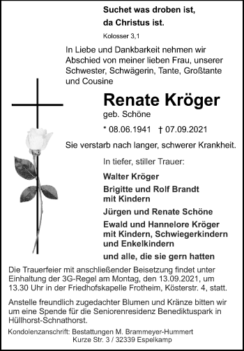 Traueranzeige von Renate Kröger von Westfalen-Blatt