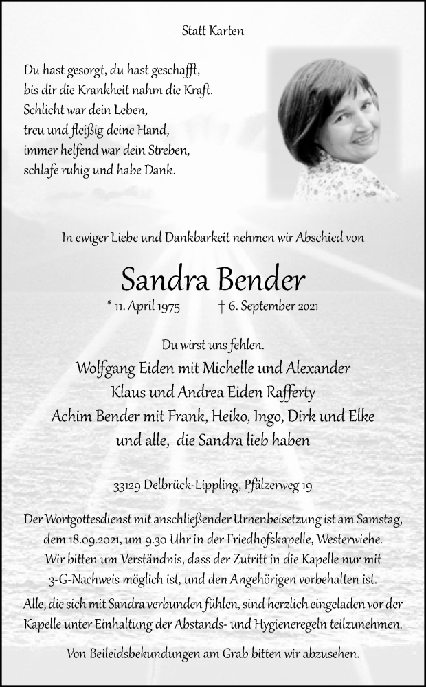  Traueranzeige für Sandra Bender vom 11.09.2021 aus Westfalen-Blatt