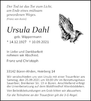 Traueranzeige von Ursula Dahl von Westfalen-Blatt