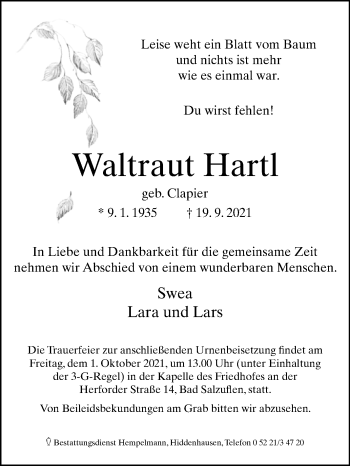 Traueranzeige von Waltraut Hartl von Westfalen-Blatt