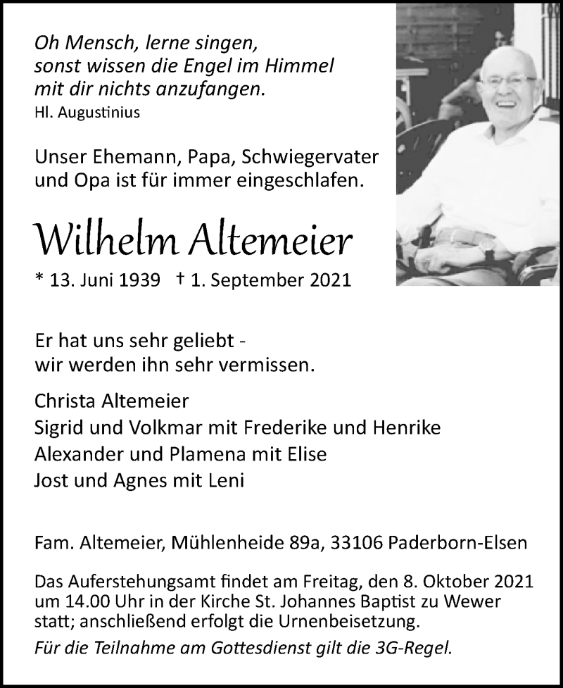  Traueranzeige für Wilhelm Altemeier vom 11.09.2021 aus Westfalen-Blatt