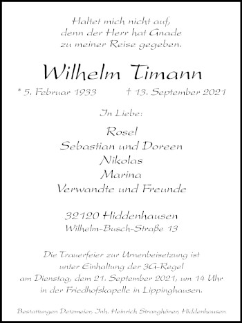 Traueranzeige von Wilhelm Timann von Westfalen-Blatt