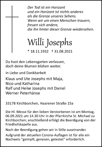 Traueranzeige von Willi Josephs von Westfalen-Blatt