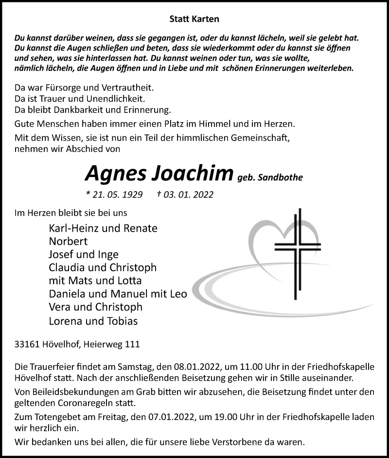  Traueranzeige für Agnes Joachim vom 06.01.2022 aus Westfalen-Blatt