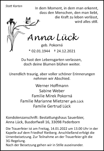 Traueranzeige von Anna Lück von Westfalen-Blatt