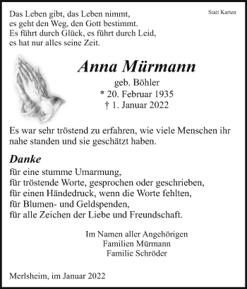 Traueranzeige von Anna Mürmann von Westfalen-Blatt