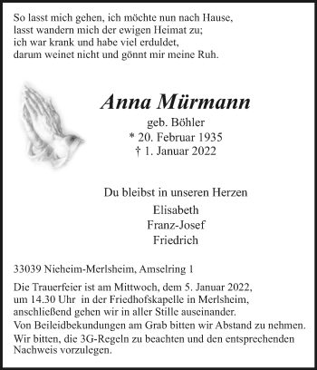 Traueranzeige von Anna Mürmann von Westfalen-Blatt