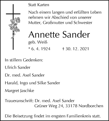 Traueranzeige von Annette Sander von Westfalen-Blatt