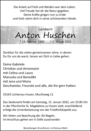 Traueranzeige von Anton Huschen von Westfalen-Blatt