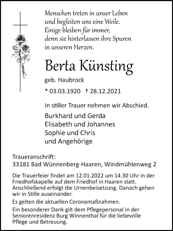 Traueranzeige von Berta Künsting von Westfalen-Blatt