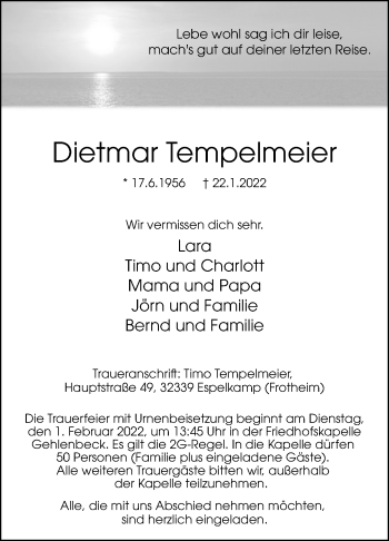 Traueranzeige von Dietmar Tempelmeier von Westfalen-Blatt