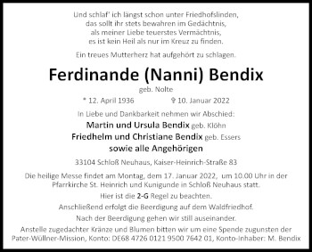 Traueranzeige von Ferdinande Bendix von Westfalen-Blatt