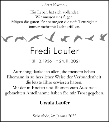 Traueranzeige von Fredi Laufer von Westfalen-Blatt