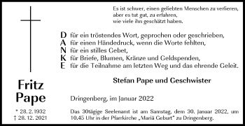 Traueranzeige von Fritz Pape von Westfalen-Blatt