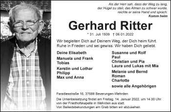 Traueranzeige von Gerhard Ritter von Westfalen-Blatt