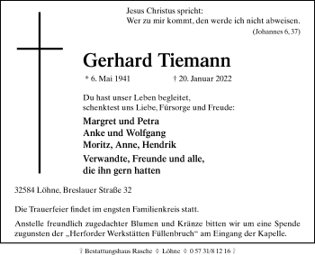 Traueranzeige von Gerhard Tiemann von Westfalen-Blatt