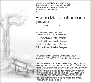 Traueranzeige von Hanna Maria Luttermann von Westfalen-Blatt