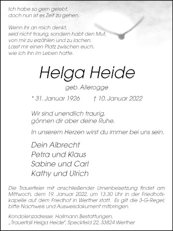 Traueranzeige von Helga Heide von Westfalen-Blatt